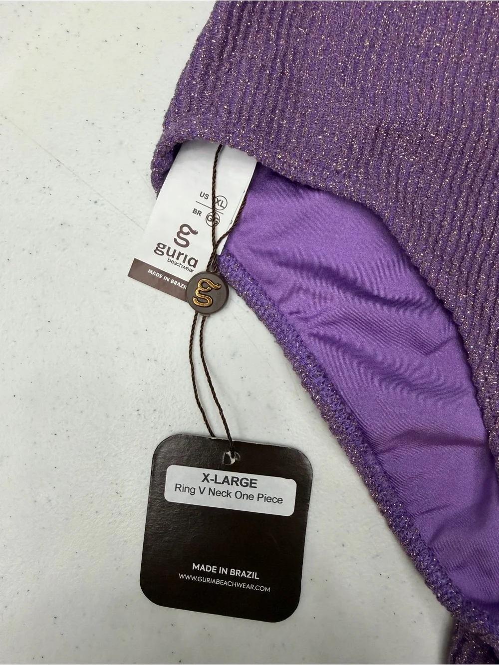 Guria Lurex Ring V Neck One Piece Swimsuit Purple Lavender Crinkle XL